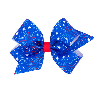 Blue Fireworks Printed Grosgrain Hair Bow on Clippie, Wee Ones, 4th of July, 4th of July Hair Accessory, 4th of July Hair Bow, Alligator Clip, Alligator Clip Hair Bow, Blue Fireworks, cf-size