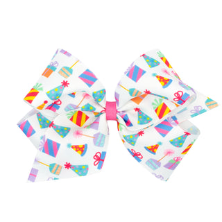 Party Print Grosgrain Hair Bow on Clippie, Wee Ones, Birthday, Birthday Bow, Birthday Girl, cf-size-king, cf-size-medium, cf-type-hair-bow, cf-vendor-wee-ones, Hair Bow, Hair Bow on Clippie, 