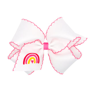 White with Hot Pink Rainbow Embroidered Moon Stitch Hair Bow on Clippie, Wee Ones, Alligator Clip, Alligator Clip Hair Bow, cf-size-king, cf-size-medium, cf-type-hair-bow, cf-vendor-wee-ones,