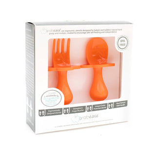 Orange You Hungry Grabease Fork & Spoon Set, Grabease, Baby Fork and Spoon Set, Black Grabease, cf-type-utensils, cf-vendor-grabease, CM22, EB Baby, First Self Feeding Utensil Set of Spoon an