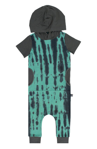 RAGS Short Sleeve Hooded Peek Pocket Romper - Tie Dye Basil & Phantom, RAGS, CM22, MovingSummer2022, RAGS, Rags Essentials, Rags Romper, RAGS Short Rolled Sleeve Short Henley Essentials Rompe