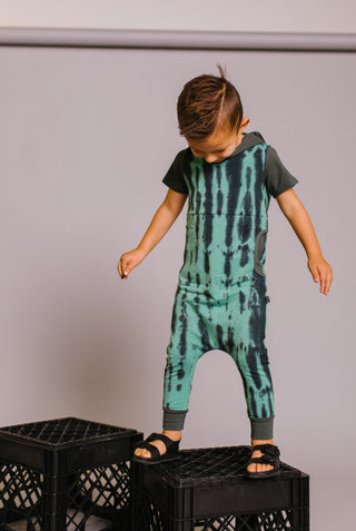 RAGS Short Sleeve Hooded Peek Pocket Romper - Tie Dye Basil & Phantom, RAGS, CM22, MovingSummer2022, RAGS, Rags Essentials, Rags Romper, RAGS Short Rolled Sleeve Short Henley Essentials Rompe