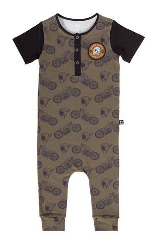 RAGS S/S Henley Rag Romper - Moto Patch, RAGS, cf-size-3-6-months, cf-type-romper, cf-vendor-rags, CM22, Moto Patch, MovingSummer2022, RAGS, RAGS Fall 2021, Rags Romper, RAGS S/S Henley Rag R