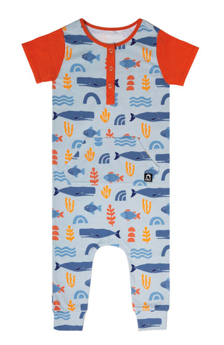 RAGS Retro Short Sleeve Henley Kangaroo Pocket Rag Romper - Abstract Ocean, RAGS, Abstract Ocean, cf-size-12-18-months, cf-size-18-24-months, cf-size-2t, cf-size-3-6-months, cf-type-romper, c