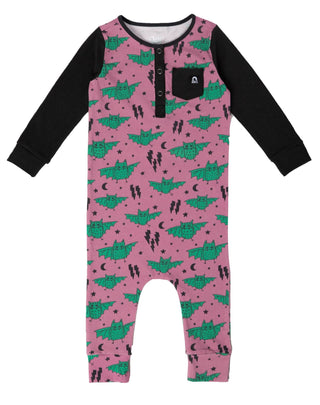 RAGS L/S Henley Pocket Rag Romper - Bats, RAGS, Bats, cf-size-18-24-months, cf-type-romper, cf-vendor-rags, CM22, Halloween, Halloween Rags, JAN23, RAGS, Rags Bats, Rags Fall 2022, Rags Hallo