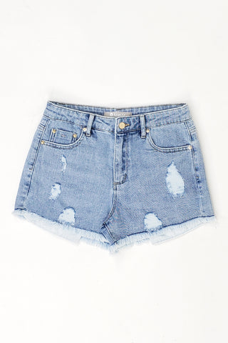 Tractr Girls High Waist Weekender Distressed Shorts - Lt Indigo, Tractr, cf-size-14, cf-type-shorts, cf-vendor-tractr, CM22, Denim Shorts, Light Indigo, Shorts, Tractr, Tractr (7-14), Tractr 