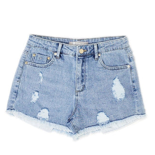 Tractr Girls High Waist Weekender Distressed Shorts - Lt Indigo, Tractr, cf-size-14, cf-type-shorts, cf-vendor-tractr, CM22, Denim Shorts, Light Indigo, Shorts, Tractr, Tractr (7-14), Tractr 