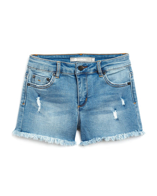 Tractr Girls Light Indigo Fray w/Destruction Brittany Shorts, Tractr, Brittany Fray Shorts, cf-size-10, cf-size-12, cf-size-14, cf-type-shorts, cf-vendor-tractr, Denim Shorts, Frayed Shorts, 