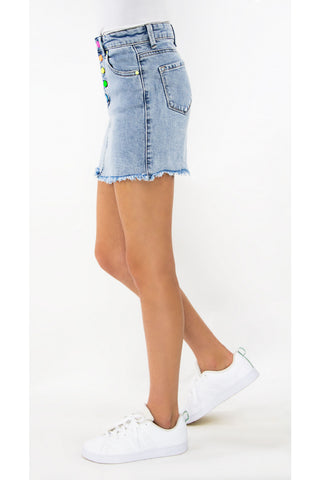 Tractr Girls Rainbow Button Mini Skirt (7-14), Tractr, Denim Skirt, Els PW 5060, Mini Skirt, Neon Button Skirt, Skirt, Summer Sale, Tractr, Tractr (7-14), Tractr Girls, Tractr Girls Rainbow B