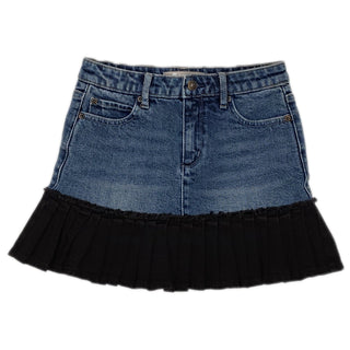 Tractr Girls Mixed Denim Pleated Hem Mini Skirt, Tractr, cf-size-12, cf-type-skirts, cf-vendor-tractr, CM22, Denim Pleated Skirt, Denim Skirt, Skirt, Tractr, Tractr (7-14), Tractr Girls, Trac