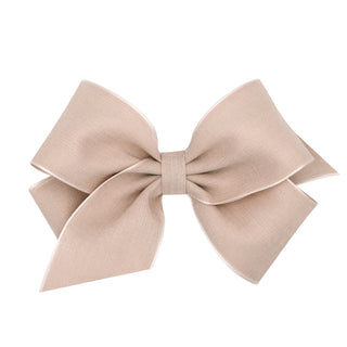 King Canvas Linen & Satin Overlay Hair Bow on Clippie, Wee Ones, cf-size-antique-white, cf-size-azalea, cf-size-brown, cf-size-french-blue, cf-size-peach, cf-size-rose, cf-size-taupe, cf-size