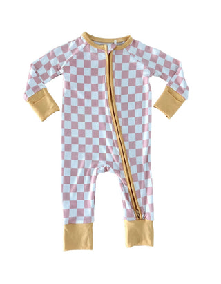 In My Jammers Blush Checkerboard Zipper Romper, In My Jammers, Bamboo, Bamboo Pajamas, Convertible, Convertible Romper, In My Jammers, In My Jammers Blush Checkerboard, In My Jammers Zipper R