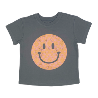 Tiny Whales Happy Camper Girls Faded Black S/S Boxy Tee, Tiny Whales, Boxy Tee, Happy Camper, Made in the USA, Smiley, Smiley Face, Tiny Whales, Tiny Whales Boxy S/S Tee, Tiny Whales Clothing