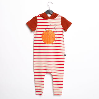 RAGS S/S Hooded Romper - Une Orange Turtledove & Poinsettia Stripe, RAGS, cf-size-2t, cf-type-romper, cf-vendor-rags, CM22, MovingSummer2022, Orange, RAGS, RAGS Fall 2021, Rags Romper, RAGS S