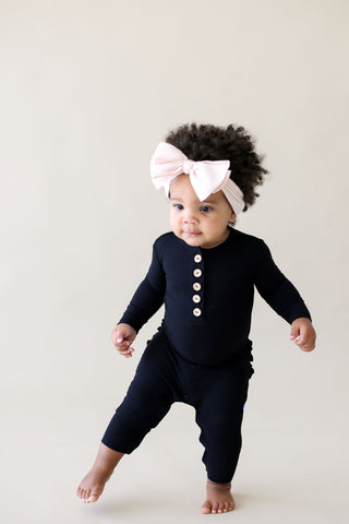 Posh Peanut Solid Ribbed Black L/S Ruffled Henley Romper, Posh Peanut, cf-size-0-3-months, cf-type-romper, cf-vendor-posh-peanut, Posh Custom Sale, Posh Peanut, Posh Peanut Fall 2020, Posh Pe