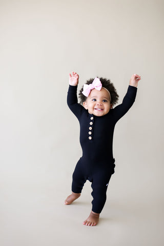 Posh Peanut Solid Ribbed Black L/S Ruffled Henley Romper, Posh Peanut, cf-size-0-3-months, cf-type-romper, cf-vendor-posh-peanut, Posh Custom Sale, Posh Peanut, Posh Peanut Fall 2020, Posh Pe