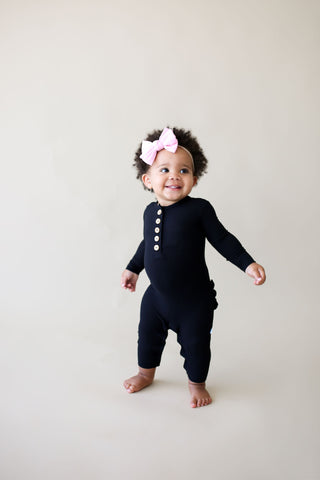 Posh Peanut Solid Ribbed Black L/S Ruffled Henley Romper, Posh Peanut, cf-size-0-3-months, cf-type-romper, cf-vendor-posh-peanut, Posh Custom Sale, Posh Peanut, Posh Peanut Fall 2020, Posh Pe