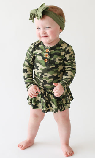 Posh Peanut Cadet L/S Henley with Twirl Skirt Bodysuit, Posh Peanut, Camo, cf-size-0-3-months, cf-size-12-18-months, cf-size-6-12-months, cf-type-twirl-skirt-bodysuit, cf-vendor-posh-peanut, 