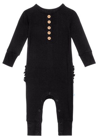 Posh Peanut Solid Ribbed Black L/S Ruffled Henley Romper, Posh Peanut, cf-size-0-3-months, cf-type-romper, cf-vendor-posh-peanut, Posh Custom Sale, Posh Peanut, Posh Peanut Fall 2020, Posh Pe