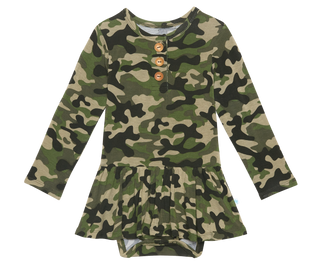 Posh Peanut Cadet L/S Henley with Twirl Skirt Bodysuit, Posh Peanut, Camo, cf-size-0-3-months, cf-size-12-18-months, cf-size-6-12-months, cf-type-twirl-skirt-bodysuit, cf-vendor-posh-peanut, 