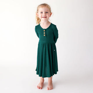 Posh Peanut Hunter Green Waffle L/S Henley Twirl Dress, Posh Peanut, cf-size-2t, cf-size-3t, cf-size-4t, cf-size-5t, cf-size-6t, cf-type-dress, cf-vendor-posh-peanut, Hunter Green Waffle, Pos