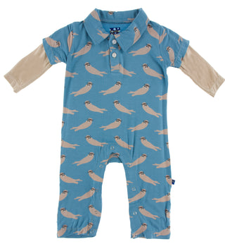 KicKee Pants Blue Moon Sea Otter Double Layer L/S Polo Romper, KicKee Pants, cf-size-6-12-months, cf-type-long-sleeve-polo-romper, cf-vendor-kickee-pants, CM22, Els PW 5060, KicKee, KicKee Oc