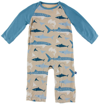 KicKee Pants Burlap Sharks Raglan Romper, KicKee Pants, cf-size-2t, cf-type-long-sleeve-raglan-romper, cf-vendor-kickee-pants, CM22, Els PW 5060, KicKee, KicKee Oceanography, KicKee Pants, Ki