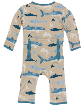 KicKee Pants Burlap Sharks Coverall with Zipper, KicKee Pants, CM22, Coverall, Coverall with Zipper, KicKee, KicKee Oceanography, KicKee Pants, KicKee Pants Burlap Sharks, KicKee Pants Burlap