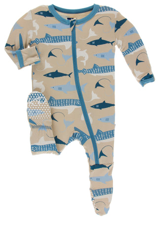 KicKee Pants Burlap Sharks Footie with Zipper, KicKee Pants, CM22, Footie with Zipper, KicKee, KicKee Footie, KicKee Footie with Zipper, KicKee Oceanography, KicKee Pants Burlap Sharks, KicKe