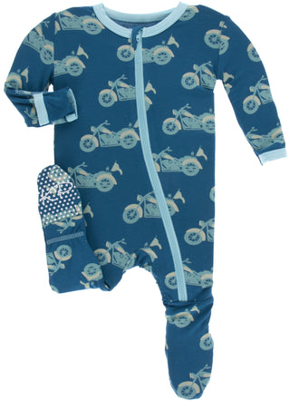 KicKee Pants Heritage Blue Motorcycle Footie with Zipper, KicKee Pants, CM22, Footie with Zipper, KicKee, KicKee Pants, KicKee Pants Footie with Zipper, KicKee Pants Sea to Shing Sea, KicKee 