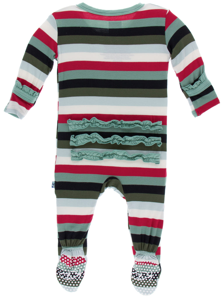 KicKee Pants Christmas Multi Stripe Classic Ruffle Footie with Zipper