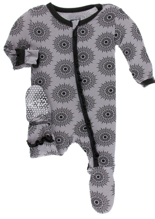 KicKee Pants Feather Mandala Classic Ruffle Footie with Zipper, Kickee Pants, Black Friday, cf-size-3-6-months, cf-size-6-9-months, cf-type-footie, cf-vendor-kickee-pants, Classic Ruffle Foot