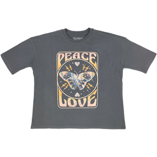 Tiny Whales Peace and Love Faded Black Summer Tee, Tiny Whales, Made in the USA, Peace, Peace and Love, Tiny Whales, Tiny Whales Clothing, Tiny Whales Girls, Tiny Whales Girls Tee, Tiny Whale