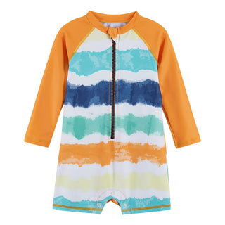 Andy & Evan Tie Dye Stripe Rashguard Swim Romper & Hat, Andy & Evan, Andy & Evan, Andy & Evan Rashguard, Andy & Evan Swimwear, Andy and e/van swim, Andy and Evan Rash Guard, Bathing Suit, Boy