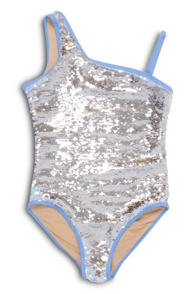 Shade Critters Periwinkle Silver Flippable Sequins One Shoulder Swimsuit Basically Bows And Bowties