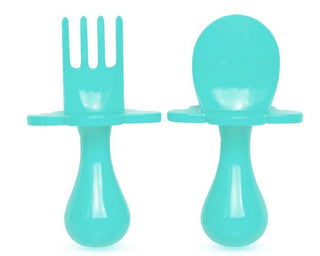 Teal My Heart Grabease Fork & Spoon Set, Grabease, Baby Fork and Spoon Set, CM22, Cyber Monday, EB Baby, First Self Feeding Utensil Set of Spoon and Fork for Toddlers, Grab Ease, Grabease, Gr