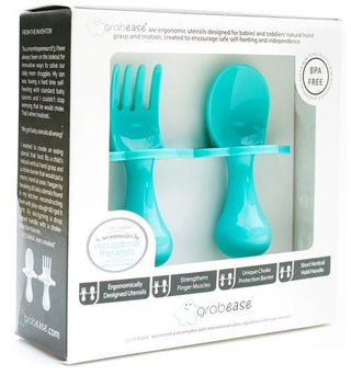 Teal My Heart Grabease Fork & Spoon Set, Grabease, Baby Fork and Spoon Set, CM22, Cyber Monday, EB Baby, First Self Feeding Utensil Set of Spoon and Fork for Toddlers, Grab Ease, Grabease, Gr