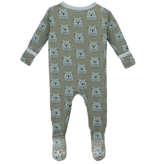 KicKee Pants Silver Sage Wise Owls Footie with Zipper, KicKee Pants, cf-size-0-3-months, cf-size-3-6-months, cf-type-footie, cf-vendor-kickee-pants, CM22, Footie, Footie with Zipper, KicKee, 