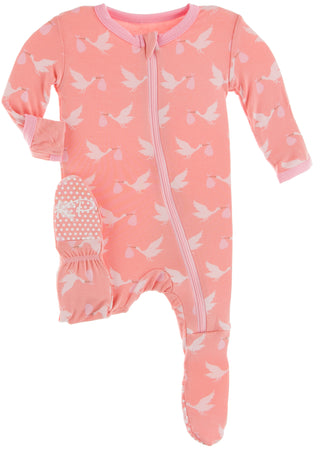 KicKee Pants Blush Stork Footie with Zipper, KicKee Pants, cf-size-3-6-months, cf-type-footie, cf-vendor-kickee-pants, CM22, KicKee, KicKee Pants, KicKee Pants Blush Stork, KicKee Pants Blush