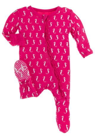 KicKee Pants Prickly Pear Mini Seahorses Muffin Ruffle Footie with Zipper, KicKee Pants, cf-size-0-3-months, cf-type-footie, cf-vendor-kickee-pants, Classic Ruffle Footie, Classic Ruffle Foot