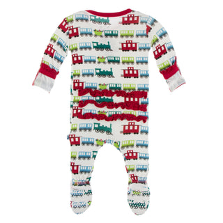 KicKee Pants Natural Toy Train Classic Ruffle Footie with Zipper, KicKee Pants, All Things Holiday, cf-size-0-3-months, cf-type-footie, cf-vendor-kickee-pants, Christmas, Christmas Footie, Ch