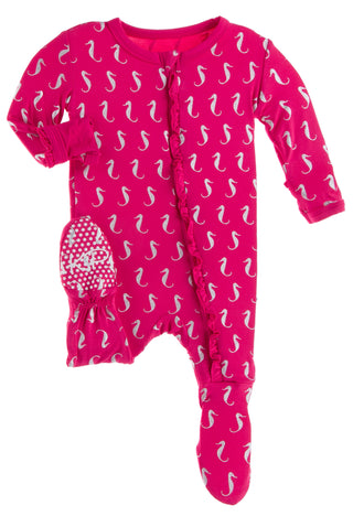 KicKee Pants Prickly Pear Mini Seahorses Classic Ruffle Footie with Zipper, KicKee Pants, Classic Ruffle Footie, Classic Ruffle Footie with Zipper, Footie with Zipper, KicKee, KicKee Footie w