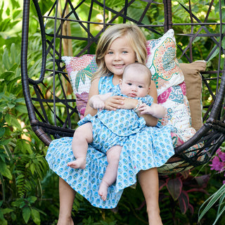 Pink Chicken Jade Dress - Sky Block Floral Print, Pink Chicken, Blue Floral Block Print, Easter / Spring Dresses, Pink Chicken, Pink Chicken Jade Dress, Pink Chicken Jade Dress - Blue Floral 