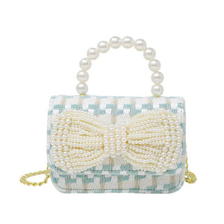 Zomi Gems Tweed Pearl Bow Handle Purse- Blue, Zomi Gems, Bow Handbag, Handbag, Purse, Tiny Treats, Tweed Handbag, Tweed Purse, Zomi Gems, Zomi Gems Handbag, Zomi Gems Purse, Zomi Gems Tweed P