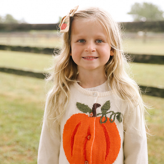 Pink Chicken Pumpkin Girls Gia Sweater, Pink Chicken, Big Girls Clothing, Gia Sweater, Halloween, Little Girls Clothing, Pink Chicken, Pink Chicken Fall 2022, Pumpkin, Sweater, Thanksgiving, 