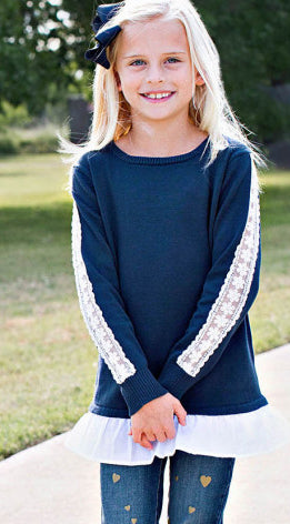 RuffleButts Navy & White Lace Sweater, RuffleButts, Girls Tops, Lace, Navy, RuffleButts, RuffleButts Sweater, Sweater, Top, Tops, Sweater - Basically Bows & Bowties