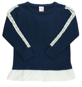 RuffleButts Navy & White Lace Sweater, RuffleButts, Girls Tops, Lace, Navy, RuffleButts, RuffleButts Sweater, Sweater, Top, Tops, Sweater - Basically Bows & Bowties