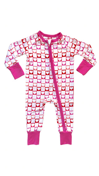 In My Jammers Heart Checkered Zipper Romper, In My Jammers, Bamboo, Bamboo Pajamas, cf-size-0-3-months, cf-size-3-6-months, cf-size-6-9-months, cf-size-9-12-months, cf-type-pajamas, cf-vendor