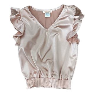 Tweenstyle by Stoopher Smocked Hem Satin Top with Flutter Sleeve - Blush, Tweenstyle, cf-size-12, cf-size-14, cf-type-top, cf-vendor-tweenstyle, Satin Shirt, Smocked Hem Satin Top with Flutte