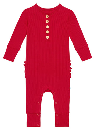 Posh Peanut Solid Ribbed Crimson L/S Ruffled Henley Romper, Posh Peanut, cf-size-0-3-months, cf-size-3-6-months, cf-size-6-9-monmths, cf-size-9-12-months, cf-type-romper, cf-vendor-posh-peanu